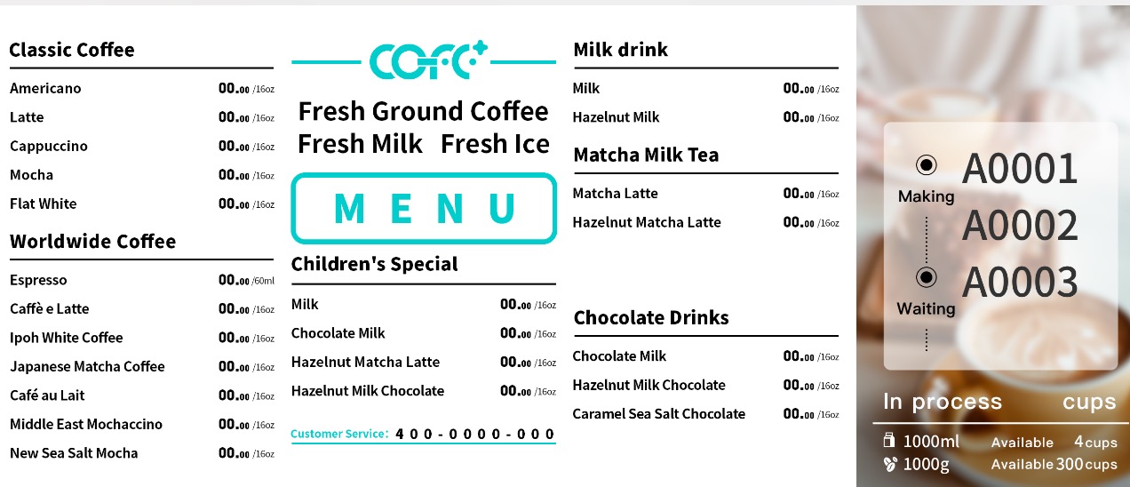 Robot coffee machine menu list